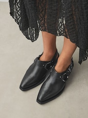 Black Standard Fit Forever Comfort® Leather Point Toe Hardware Western Cowboy Slingback Shoes - Image 3 of 8