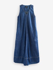 Dark Blue V-Neck Denim 100% Cotton Maxi Dress - Image 1 of 3