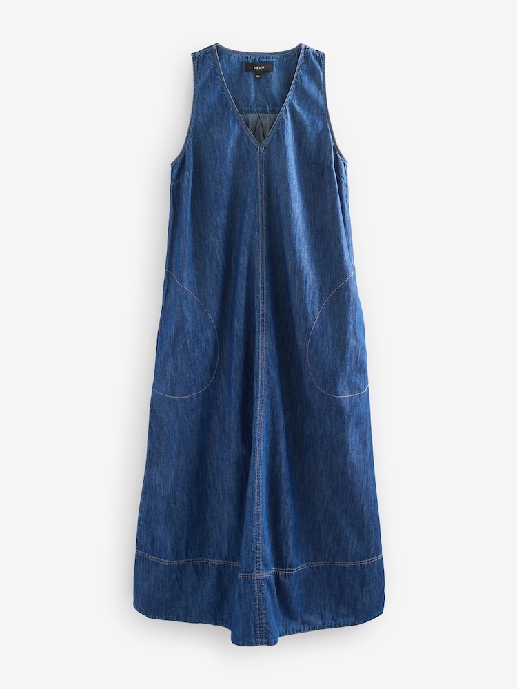Dark Blue V-Neck Denim 100% Cotton Maxi Dress - Image 1 of 3