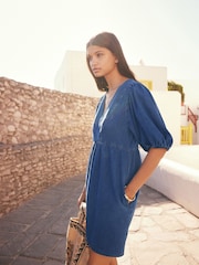 Mid Blue Puff Sleeve Mini 100% Cotton Dress - Image 1 of 7