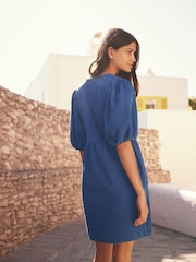 Mid Blue Puff Sleeve Mini 100% Cotton Dress - Image 2 of 7