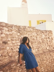 Mid Blue Puff Sleeve Mini 100% Cotton Dress - Image 3 of 7