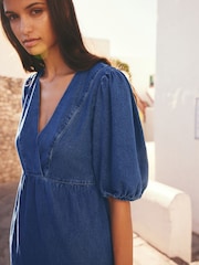 Mid Blue Puff Sleeve Mini 100% Cotton Dress - Image 4 of 7