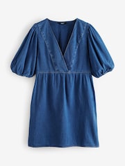 Mid Blue Puff Sleeve Mini 100% Cotton Dress - Image 5 of 7