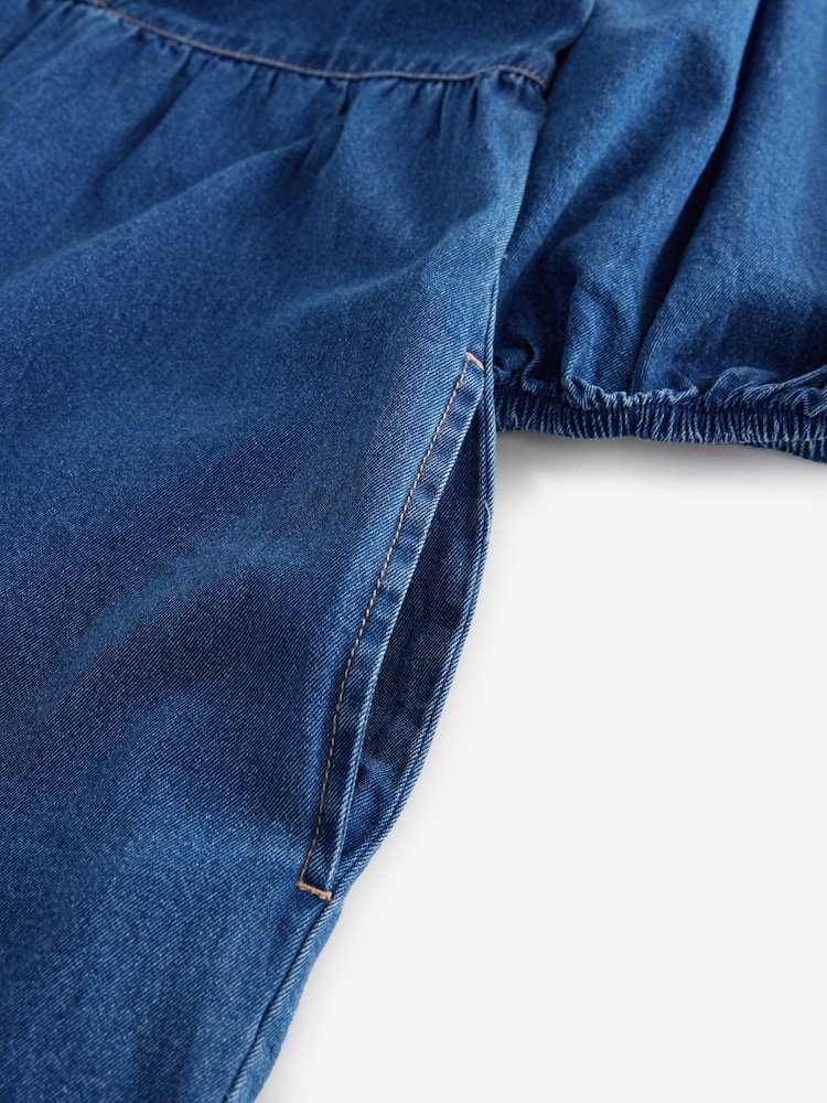 Mid Blue Puff Sleeve Mini 100% Cotton Dress - Image 7 of 7