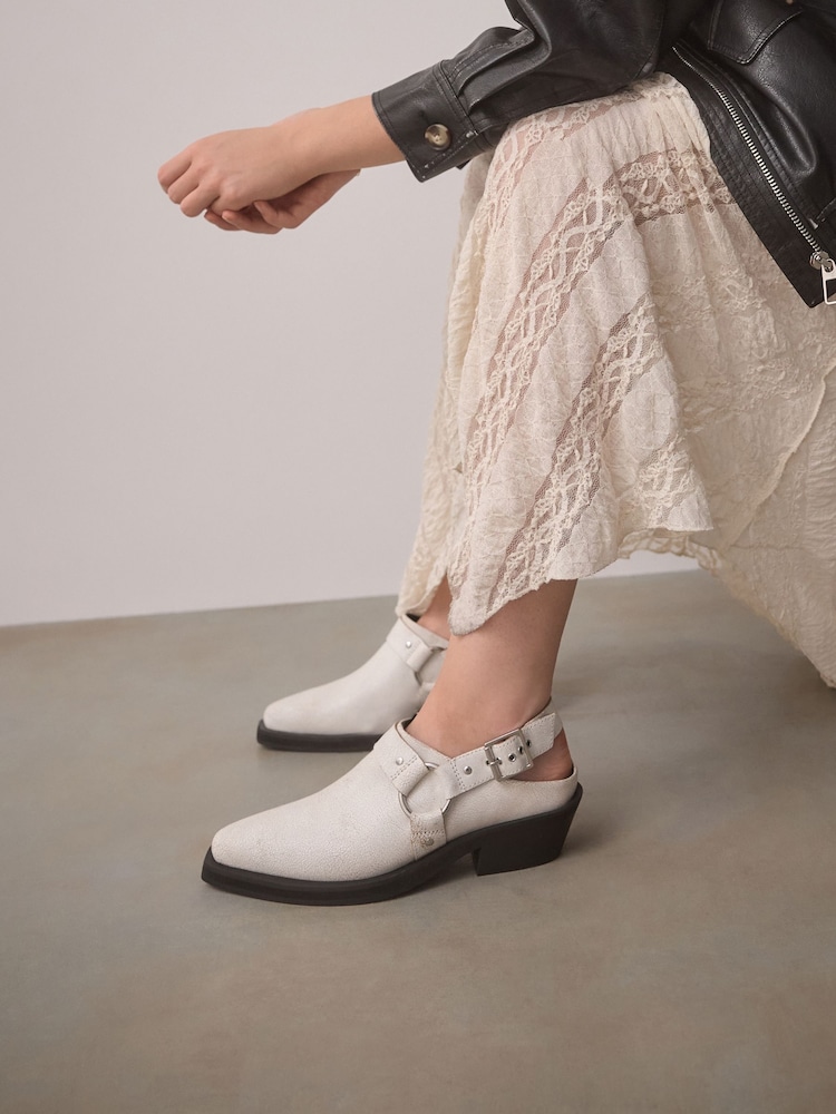 White Standard Fit Forever Comfort® Leather Point Toe Hardware Western Cowboy Slingback Shoes - Image 1 of 10