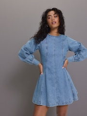 Azul medio - Long Sleeve Seam Detail Denim Dress - Imagen 1 de 8