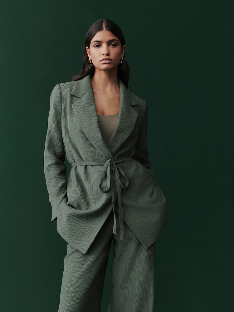 Green Textured Crinkled Tie Waist Relaxed Blazer - Image 1 of 4 Green Textured Crinkled Tie Waist Relaxed Blazer - Image 1 of 4