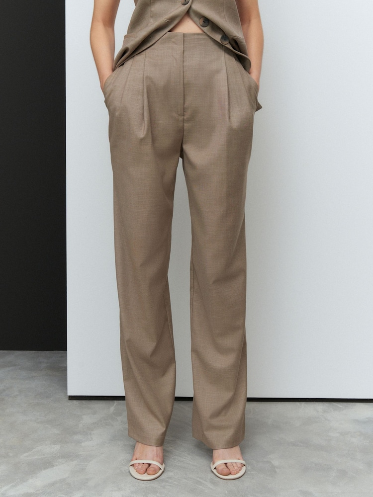 Neutral Cross Hatch Pleat Straight Leg Trousers - Image 2 of 4