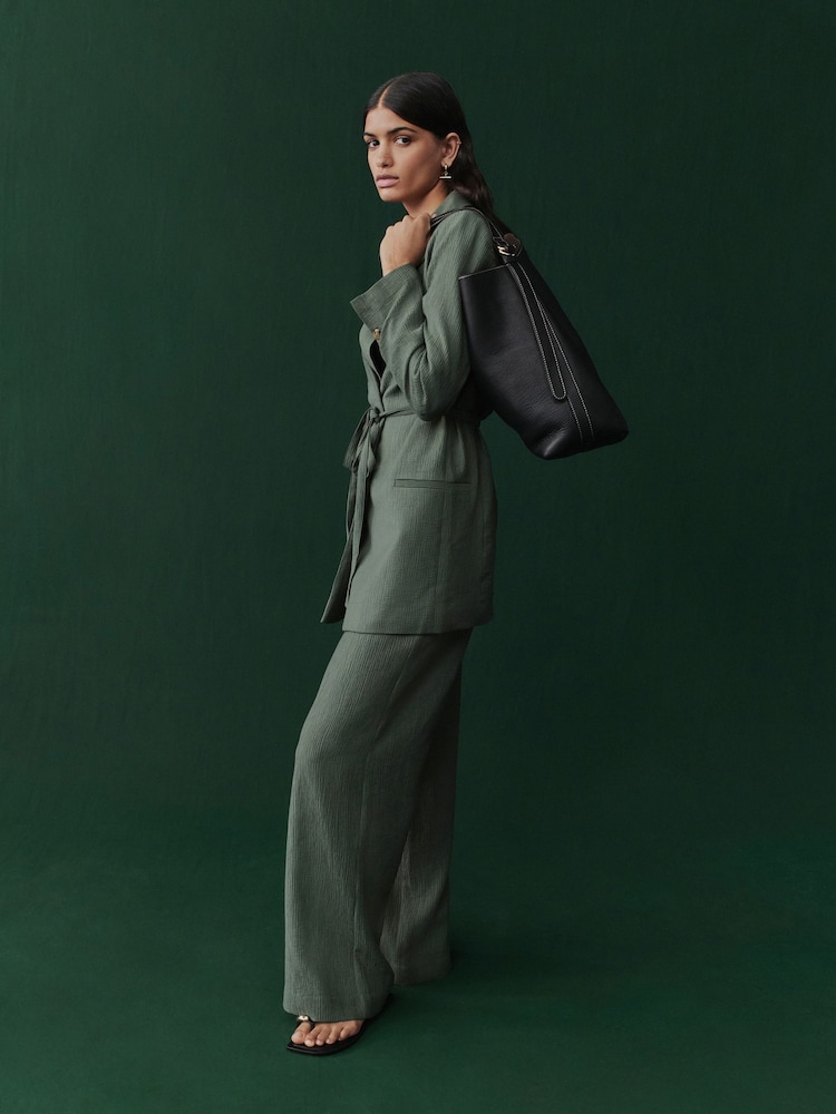 Green Textured Crinkle Wide Leg Trousers - Image 2 of 8