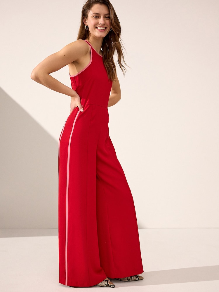 Red Sleeveless Jumpsuit with Tipping Detail - Image 3 of 8