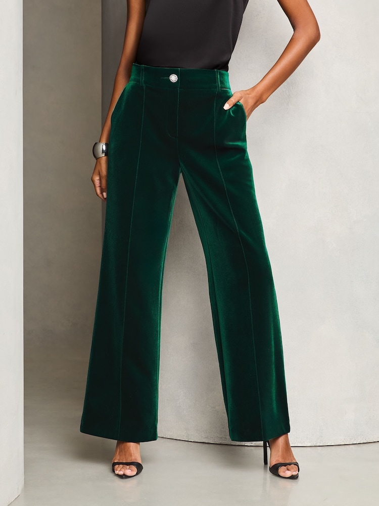 Lipsy Green Velvet Wide Leg Trousers - Image 1 of 4