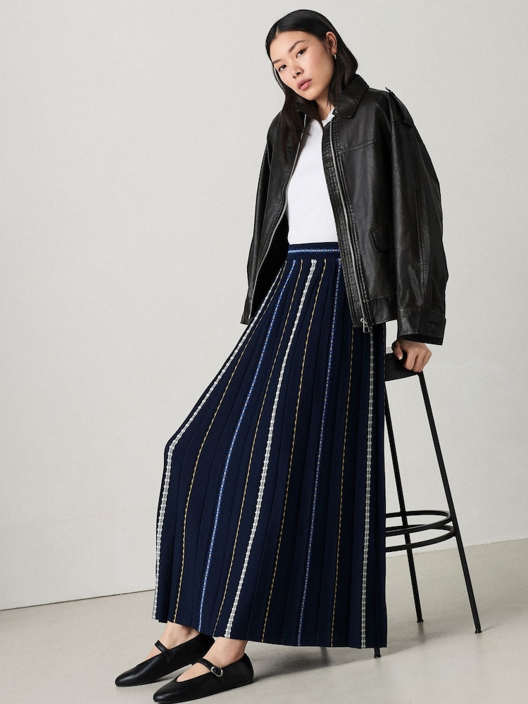 Blue Navy Embroidered Detail Pleated Knitted Midi Skirt - Image 1 of 8