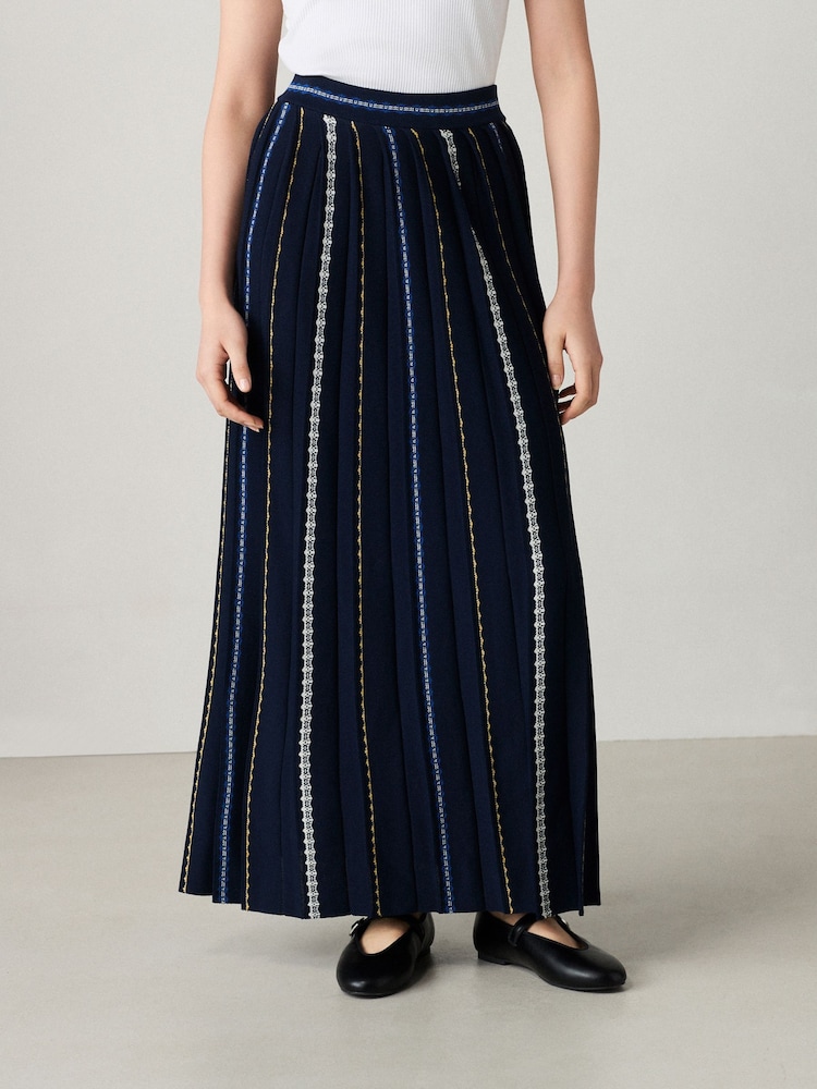 Blue Navy Embroidered Detail Pleated Knitted Midi Skirt - Image 2 of 8