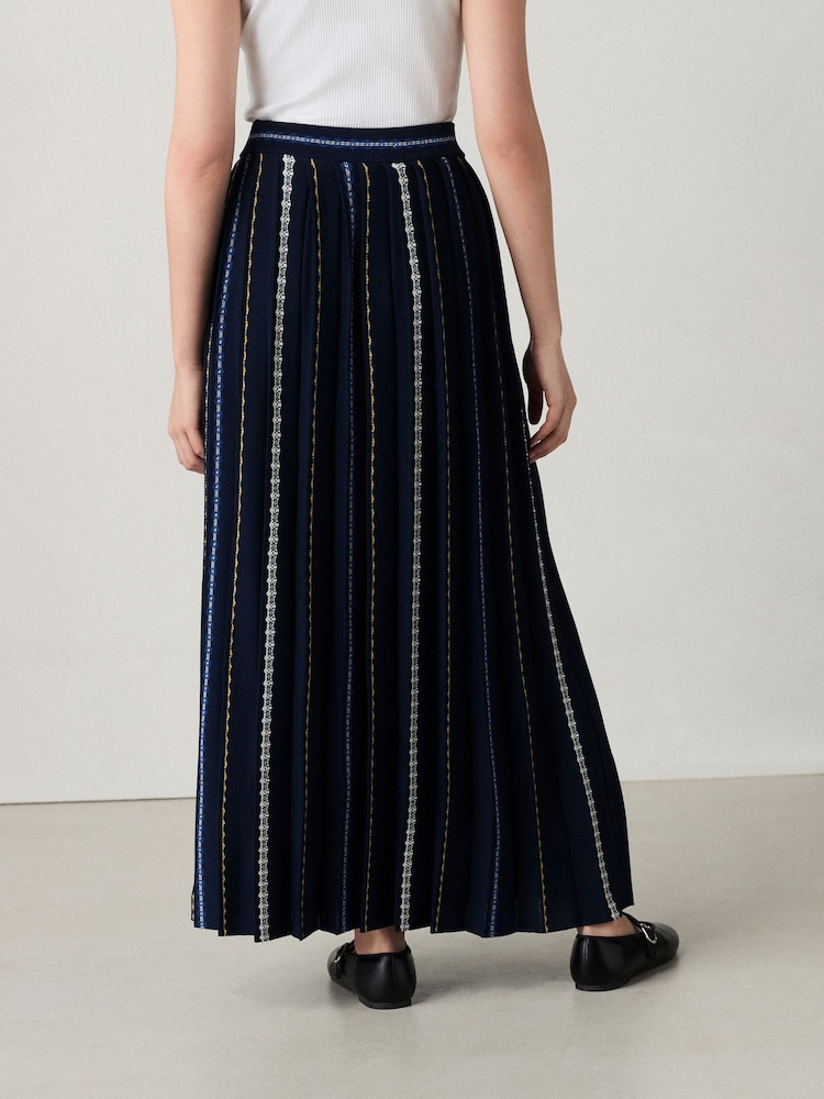 Blue Navy Embroidered Detail Pleated Knitted Midi Skirt - Image 3 of 8