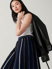 Blue Navy Embroidered Detail Pleated Knitted Midi Skirt - Image 4 of 8