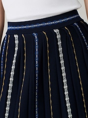 Blue Navy Embroidered Detail Pleated Knitted Midi Skirt - Image 5 of 8