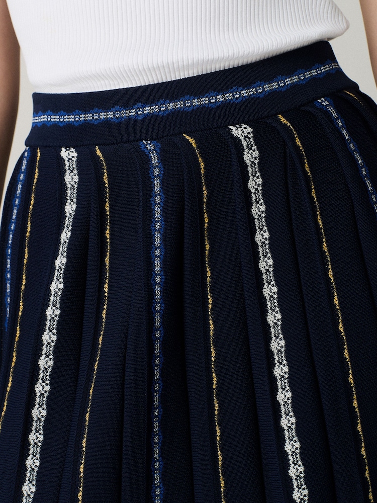 Blue Navy Embroidered Detail Pleated Knitted Midi Skirt - Image 5 of 8