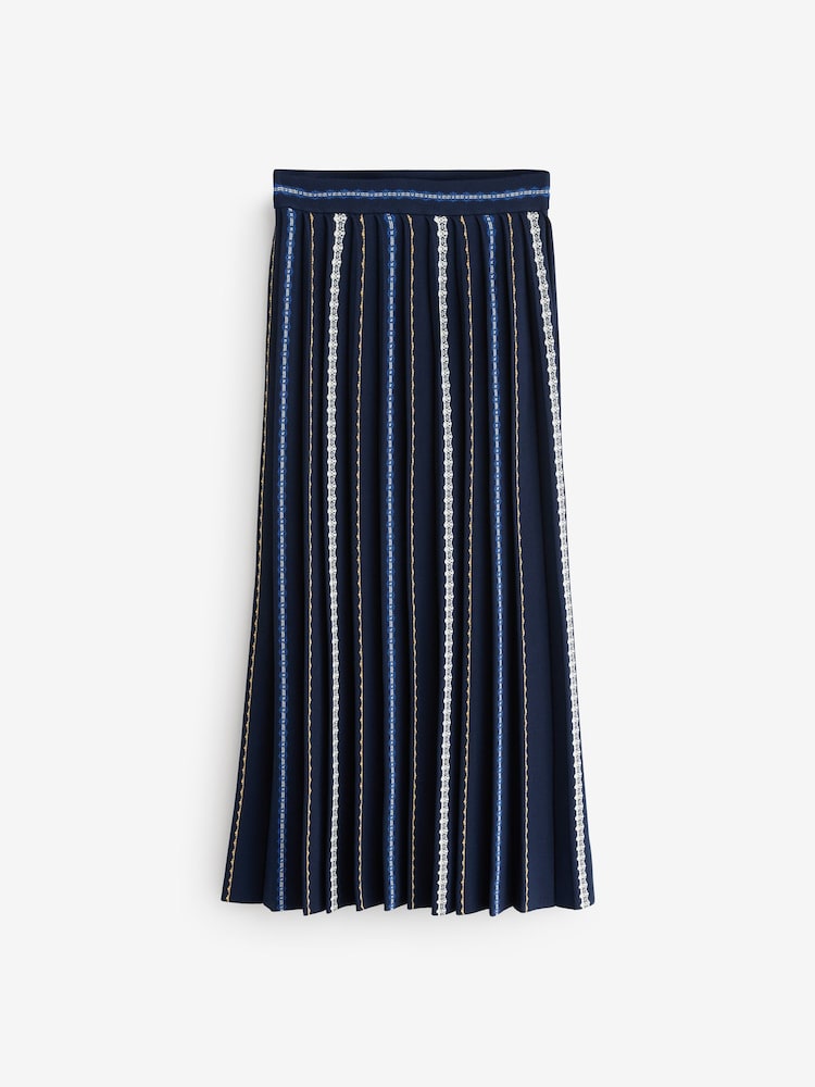Blue Navy Embroidered Detail Pleated Knitted Midi Skirt - Image 6 of 8