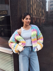 Multi Bright Oversized Hand Knitted Stripe Cardigan - Image 1 of 9