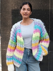 Multi Bright Oversized Hand Knitted Stripe Cardigan - Image 2 of 9