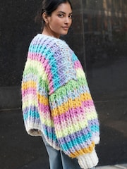 Multi Bright Oversized Hand Knitted Stripe Cardigan - Image 3 of 9
