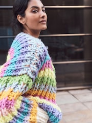 Multi Bright Oversized Hand Knitted Stripe Cardigan - Image 5 of 9