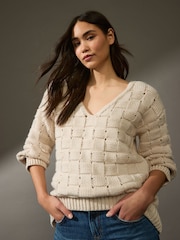 White Ecru Waffle Stitch V-Neck Knitted Jumper with Wool - Image 1 of 6