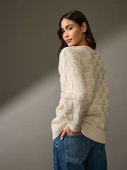 White Ecru Waffle Stitch V-Neck Knitted Jumper with Wool - Image 2 of 6