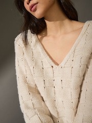 White Ecru Waffle Stitch V-Neck Knitted Jumper with Wool - Image 3 of 6