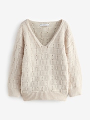 White Ecru Waffle Stitch V-Neck Knitted Jumper with Wool - Image 5 of 6