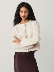 Cream Crew Neck Knitted Smart Jacket - Image 1 of 6