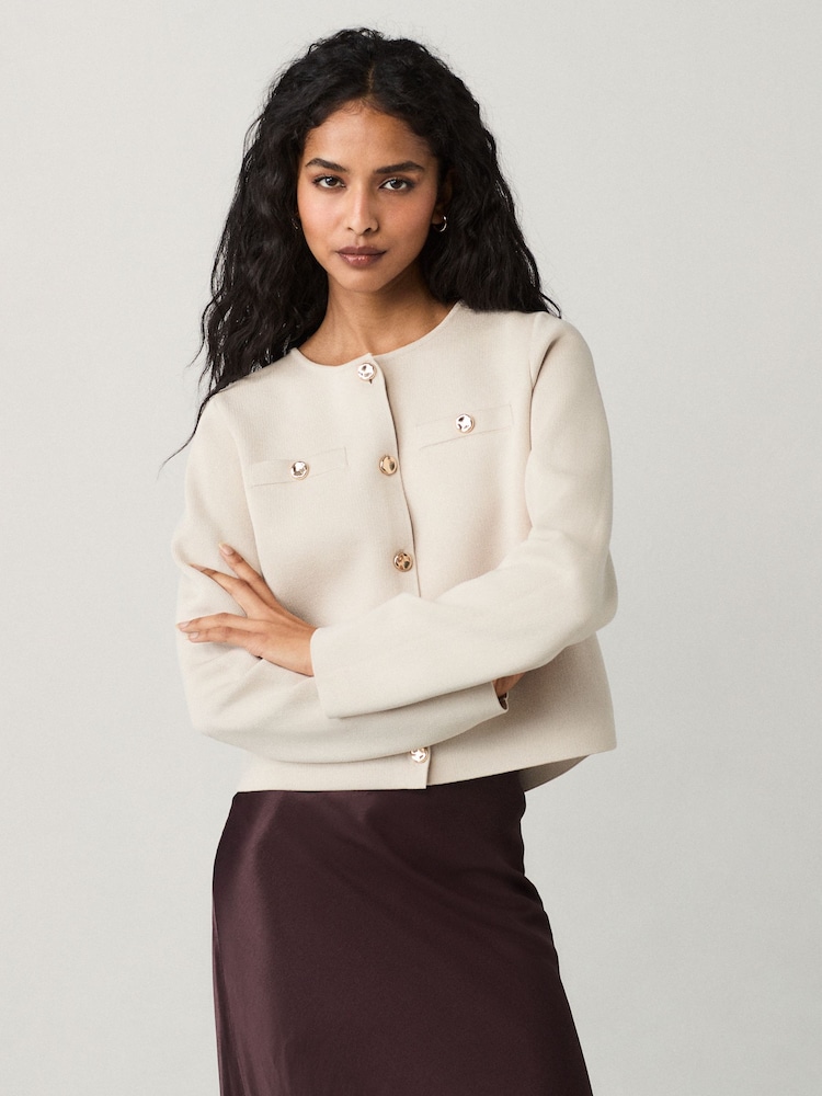Cream Crew Neck Knitted Smart Jacket - Image 1 of 6