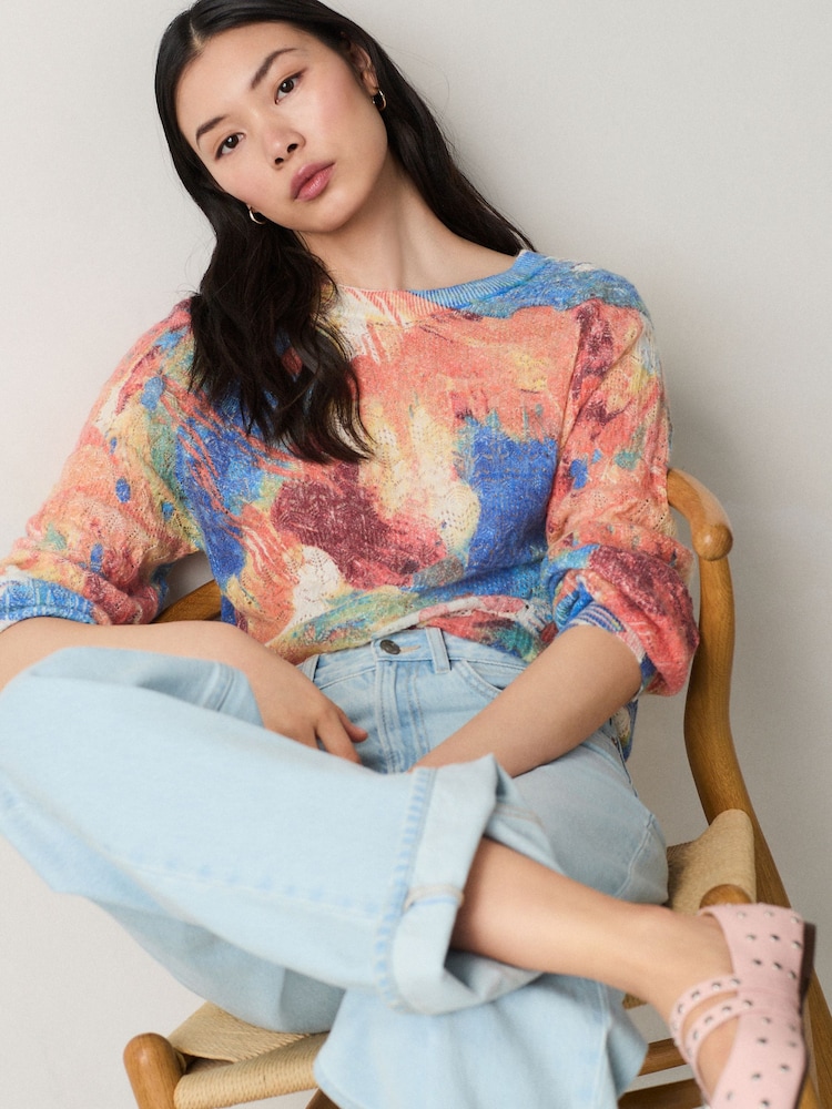 Orange Abstract Printed Crew Neck Fine Knitted Jumper - Image 1 of 7