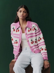Pink Red Cherry Graphic Knitted Cardigan with Collar - Image 1 of 7