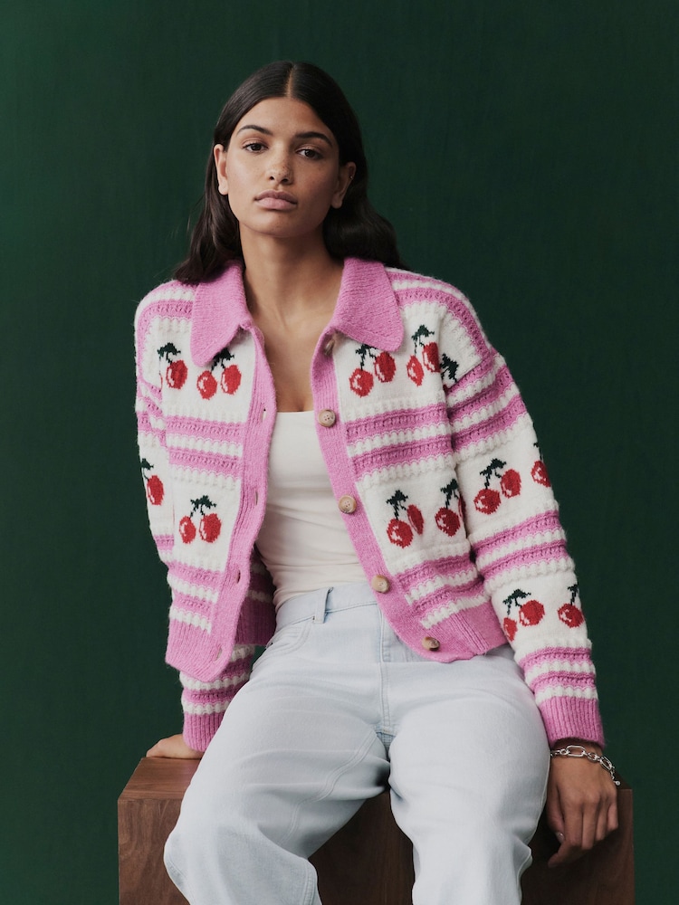 Pink Red Cherry Graphic Knitted Cardigan with Collar - Image 1 of 7