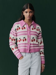 Pink Red Cherry Graphic Knitted Cardigan with Collar - Image 2 of 7