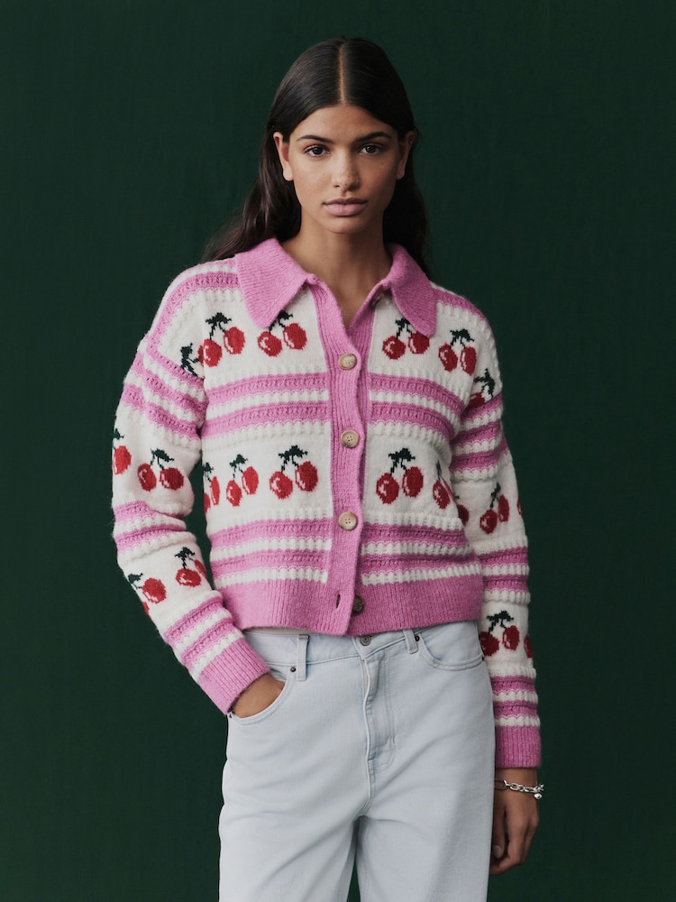 Pink Red Cherry Graphic Knitted Cardigan with Collar - Image 2 of 7