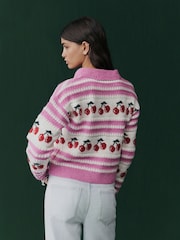 Pink Red Cherry Graphic Knitted Cardigan with Collar - Image 3 of 7