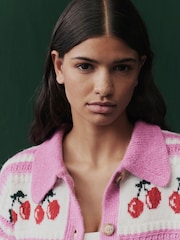 Pink Red Cherry Graphic Knitted Cardigan with Collar - Image 4 of 7