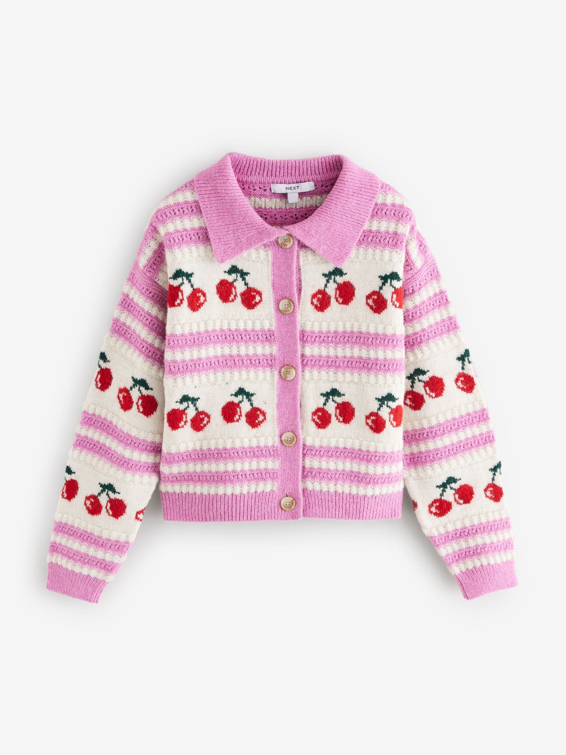 Buy Pink Red Cherry Graphic Knitted Cardigan with Collar Buy Pink Red Cherry Graphic Knitted Cardigan with Collar