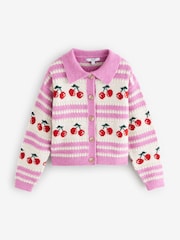 Pink Red Cherry Graphic Knitted Cardigan with Collar - Image 5 of 7