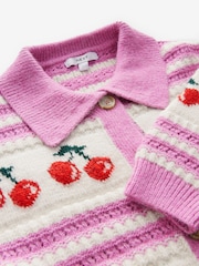 Pink Red Cherry Graphic Knitted Cardigan with Collar - Image 7 of 7