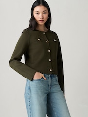 Green Khaki Crew Neck Knitted Smart Jacket - Image 1 of 8