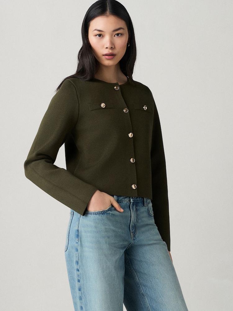 Green Khaki Crew Neck Knitted Smart Jacket - Image 1 of 8
