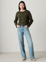 Green Khaki Crew Neck Knitted Smart Jacket - Image 2 of 8