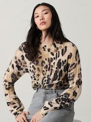Leopard Printed Crew Neck Fine Knitted Jumper - Image 1 of 7