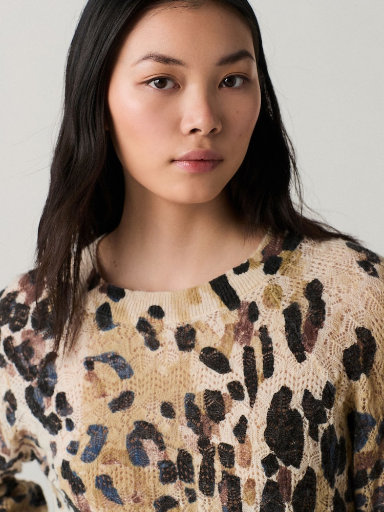 Leopard Printed Crew Neck Fine Knitted Jumper - Image 4 of 7