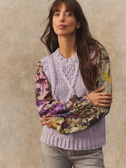 Purple Lilac Floral Pattern Layered Knitted Cable Tank - Image 1 of 7