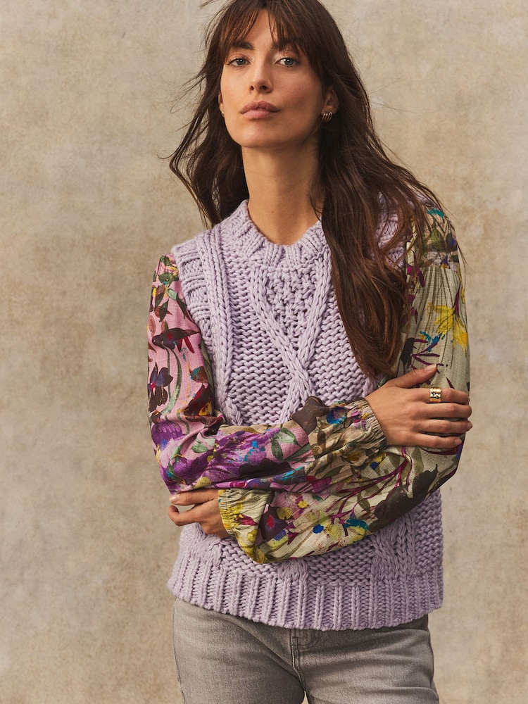 Purple Lilac Floral Pattern Layered Knitted Cable Tank - Image 1 of 7